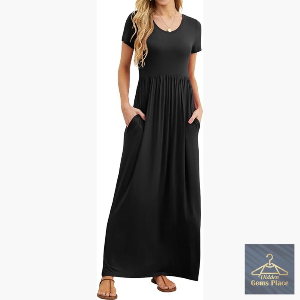 Summer Maxi Dress with Pockets, Short Sleeve Crew Neck, Relaxed Fit